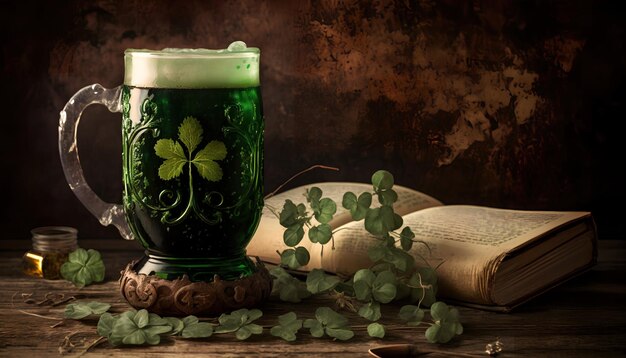 Photo un verre de bière verte avec une feuille de trèfle sur le fond.