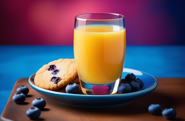 Un verre de biscuits au jus d'orange avec des baies sur une soucoupe sur la table sur un fond bleu