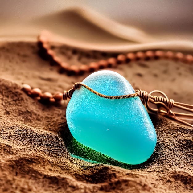 Un verre bleu sur un collier avec une chaîne en or et un collier.