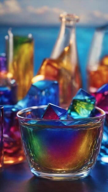 Un verre bleu avec les couleurs de l'arc-en-ciel en arrière-plan