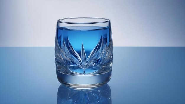 Un verre bleu avec un fond bleu et un contexte bleu et blanc