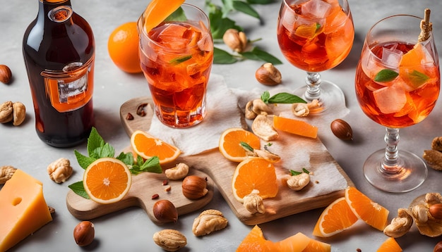 un verre de boisson avec des amandes et des amandes sur une table