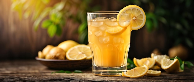 Un verre de boisson au gingembre avec des tranches de gingembre frais et de tranches de citron