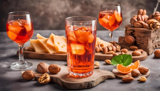 un verre de boisson avec une boisson et une tranche de fruit sur une planche à couper