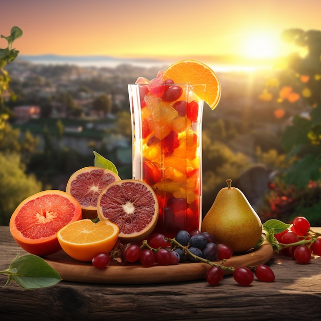 Photo verre de boisson avec des fruits tropicaux en arrière-plan beau paysage et coucher de soleil