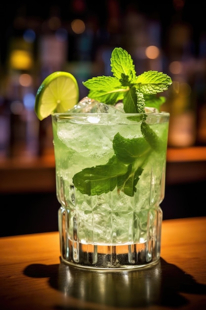 un verre de boisson avec de la glace et de la menthe