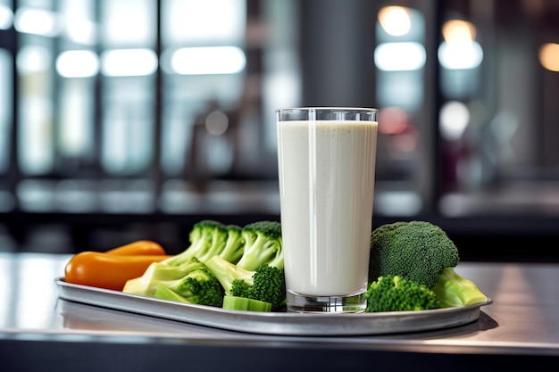 Un verre de boisson protéinée végétale sur une table de gym