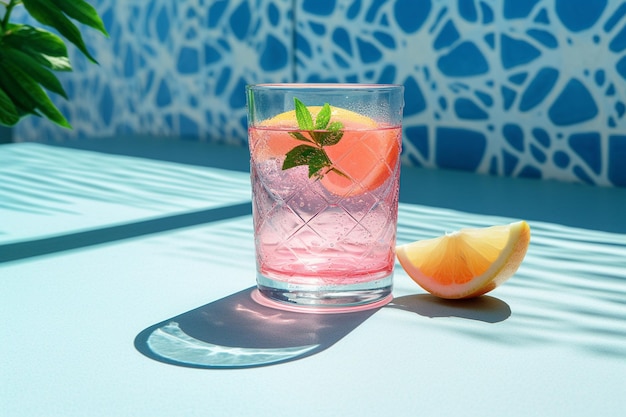 Un verre de boisson rose avec un coin de citron à côté.