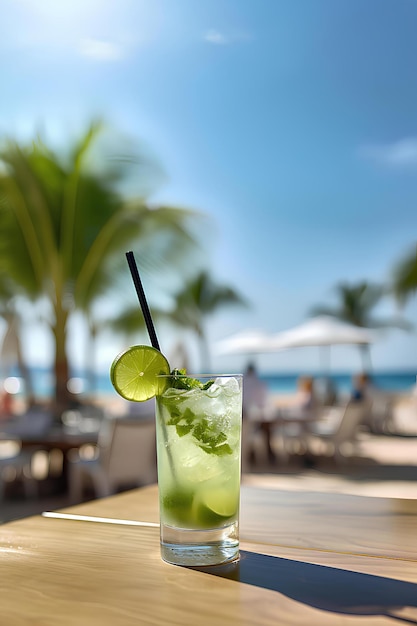 Un verre de boisson avec une tranche de citron sur le dessus est assis sur une table près de la plage