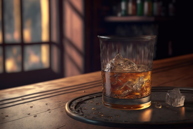 Verre de bourbon ou de whisky sur fond boisé foncé se bouchent