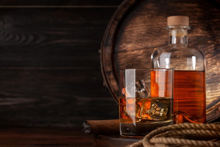 Photo le verre et la bouteille de cognac.
