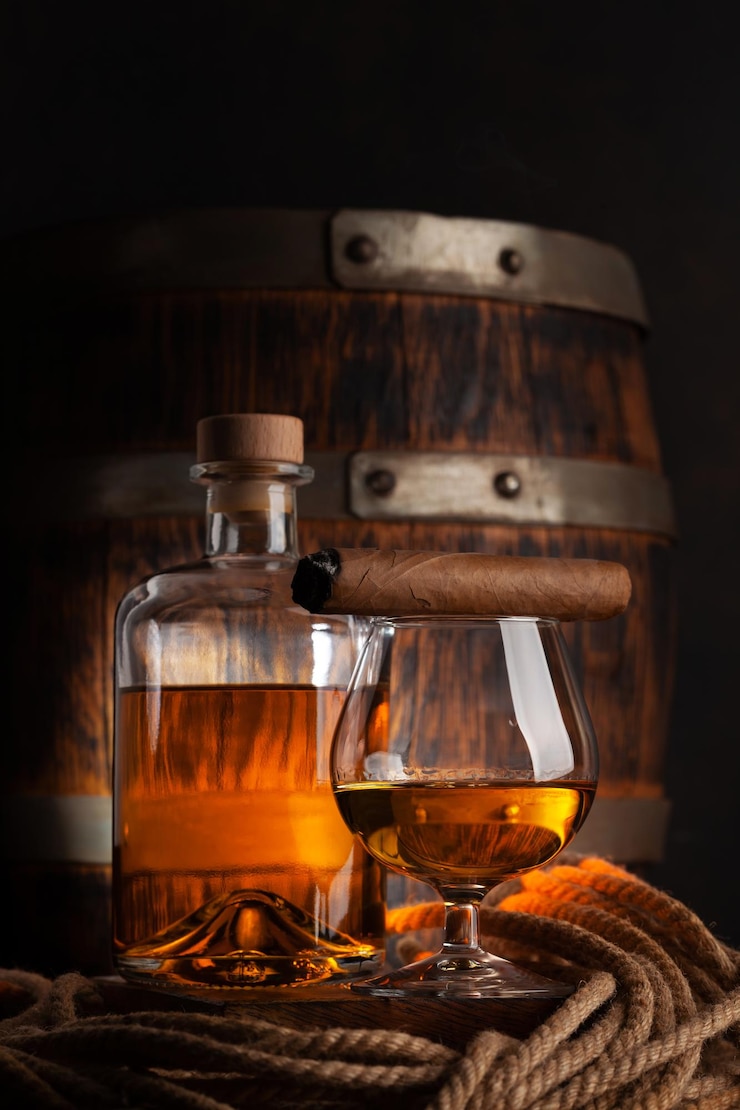 Photo le verre et la bouteille de cognac.