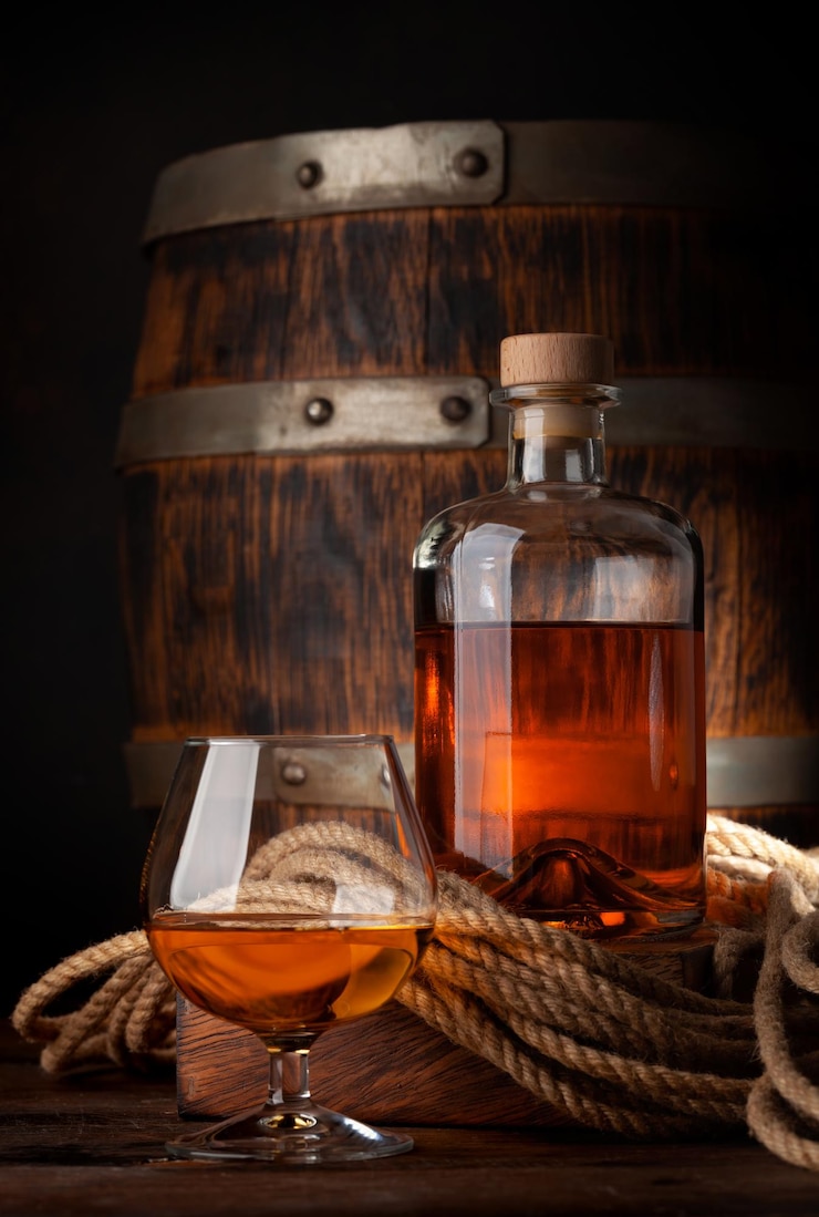 Photo verre et bouteille de cognac
