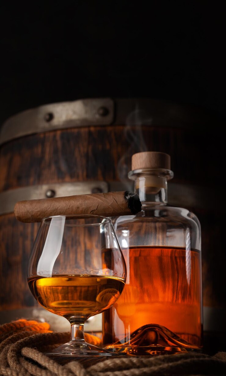 Photo verre et bouteille de cognac
