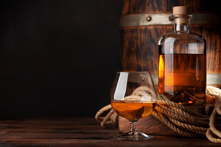 Photo verre et bouteille de cognac