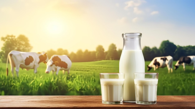 Le verre et la bouteille de lait frais sur une table en bois