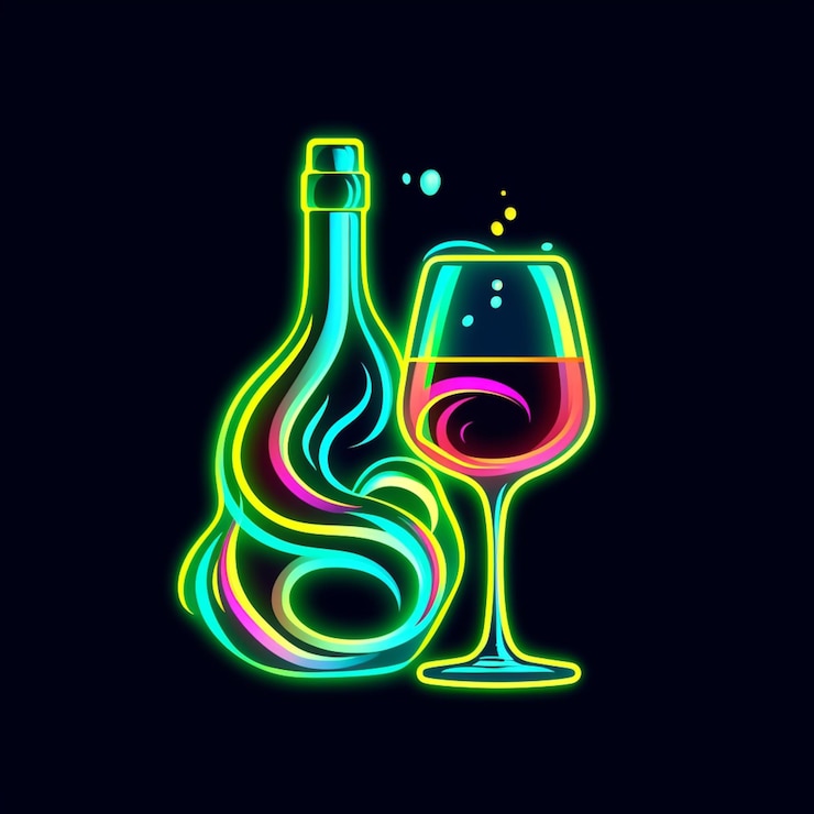 Photo verre et bouteille de vin au néon avec dessin de tourbillon sur fond noir
