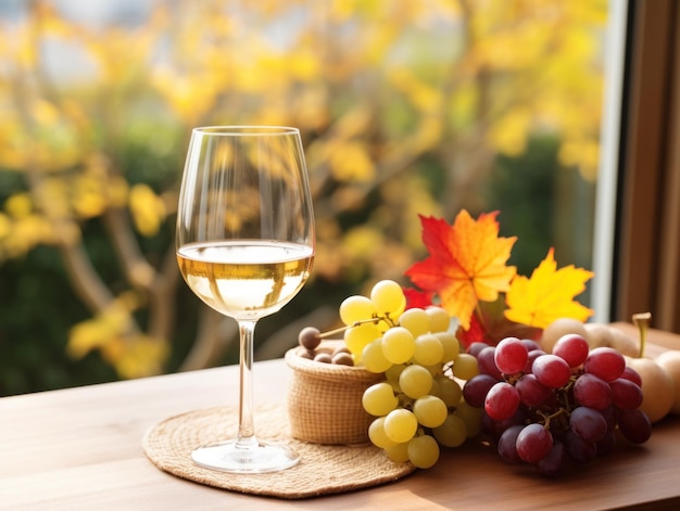 Verre et bouteille de vin blanc d'automne de style japonais générés par l'IA