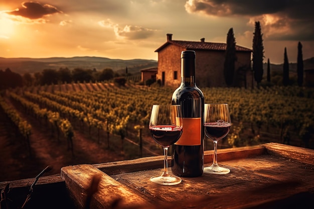 Un verre une bouteille de vin sur le fond d'une vigne au coucher du soleil Illustration générative d'IA Vignerie