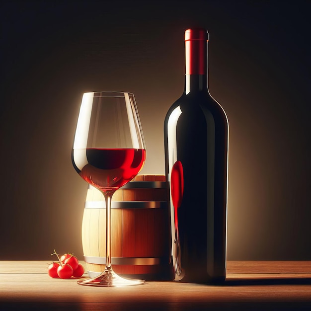 verre et une bouteille de vin rouge sur une table en bois accompagnés d'un petit baril et de cerises sous l'éclairage