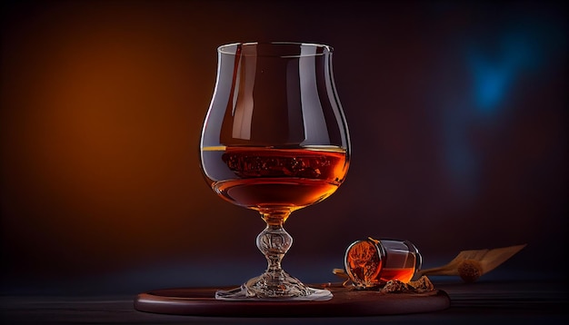 Verre de brandy ou de cognac avec glace et cuillère sur fond sombre ai générative