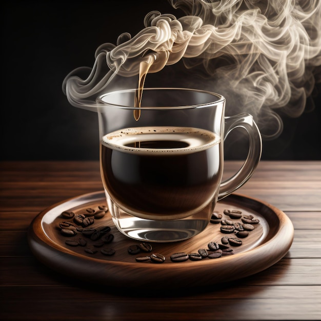 Un verre de café sur une assiette en bois