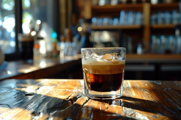 Photo un verre de café avec une boisson mousseuse sur une table en bois