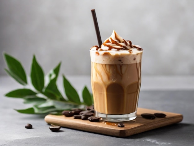 un verre de café avec une brindille de café sur un plateau en bois