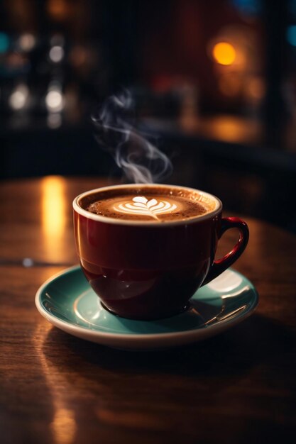 Un verre de café chaud sur la table en bois