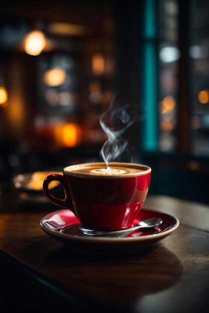 Un verre de café chaud sur la table en bois