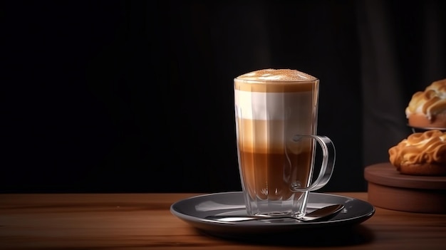 Un verre de café avec une cuillère sur fond noir.