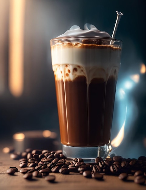 Un verre de café avec une cuillère et des grains de café sur la table.