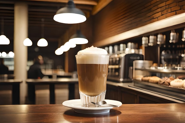 Photo un verre de café avec un dessus mousseux est posé sur un comptoir de bar.