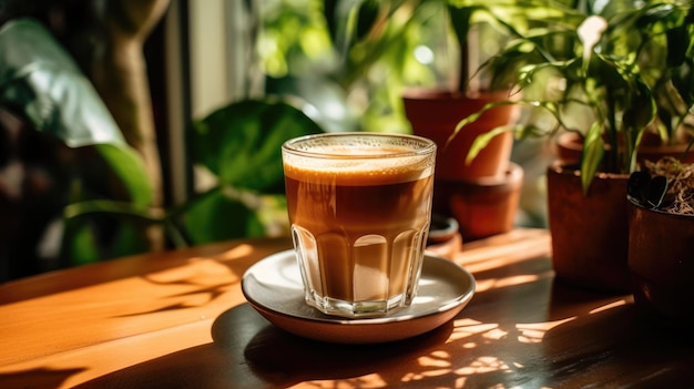 Un verre de café est posé sur une table devant une fenêtre avec une plante en arrière-plan.