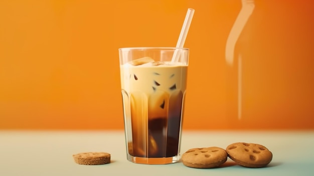 Un verre de café glacé est posé sur une table avec des biscuits et une bouteille de café glacé.