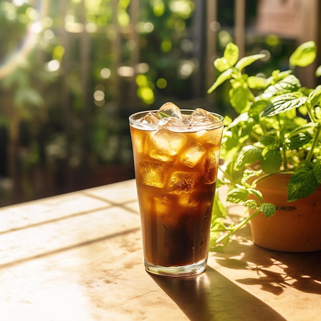 Un verre de café glacé est posé sur une table avec une plante en arrière-plan.