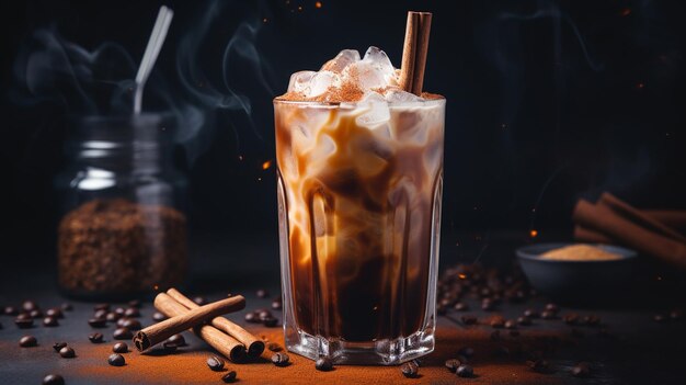 un verre de café glacé sur un fond sombre