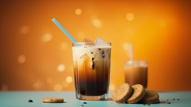 Un verre de café glacé avec une paille bleue à côté d'une tasse de café glacé.