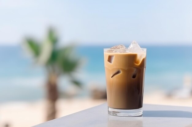 Un verre de café glacé sur une table avec un palmier en arrière-plan.