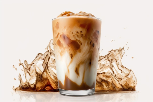 Un verre de café glacé avec une touche de liquide brun.