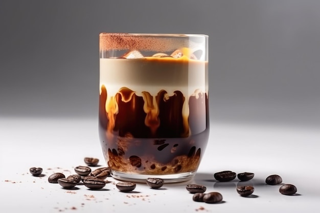 Un verre de café avec un liquide brun dedans Generative AI