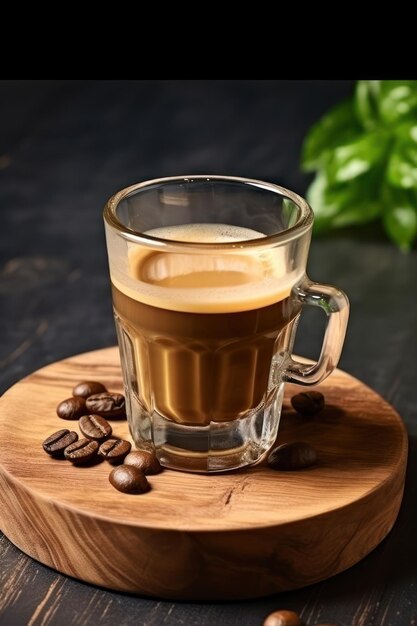 Un verre de café sur une planche de bois