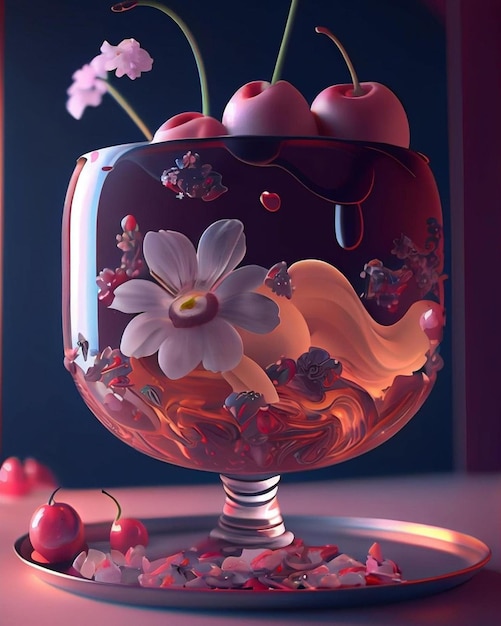 Un verre de cerises et de cerises est sur une assiette.