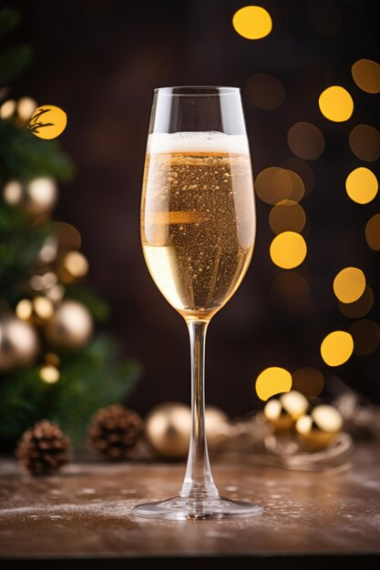 verre de champagne avec arbre de Noël et fond bokeh