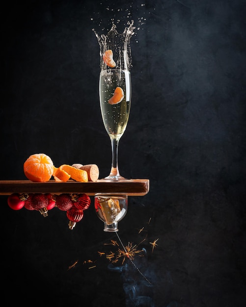 Verre de champagne aux éclaboussures de mandarine en baisse et de lumière du Bengale étincelante contre un mur noir