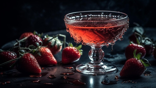 Un verre de champagne aux fraises avec un fond noir