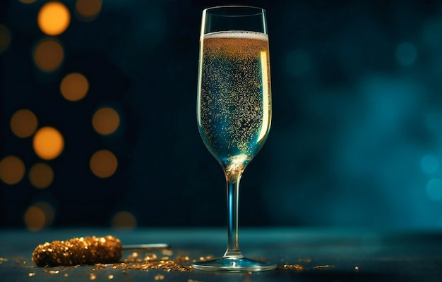 Un verre de champagne de champagne d'or sur un fond avec des paillettes