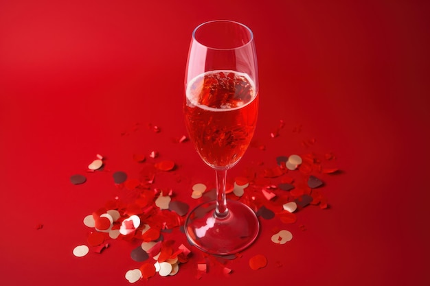 Un verre de champagne avec des confettis sur fond rouge