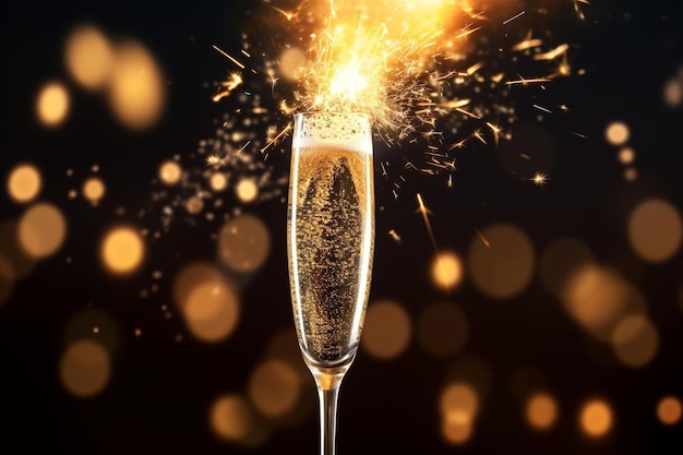 un verre de champagne avec des feux d'artifice en arrière-plan