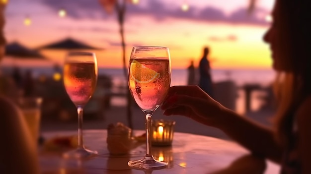 verre de champagne à la main le soir coucher de soleil rose été plage restaurant bougie lumière floue